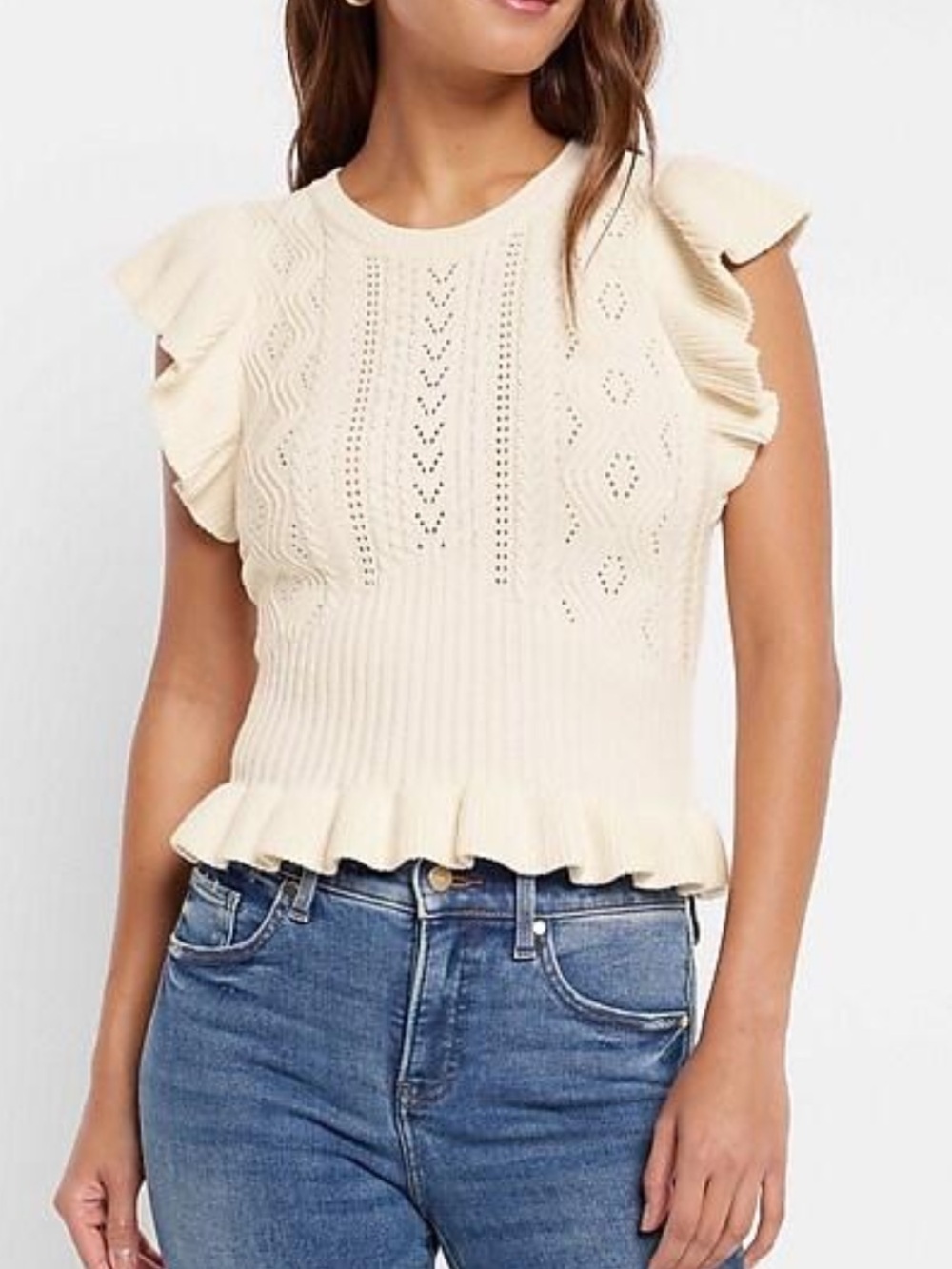 Express NWT Ruffle Mixed Knit Cable Peplum Sweater Cream XL